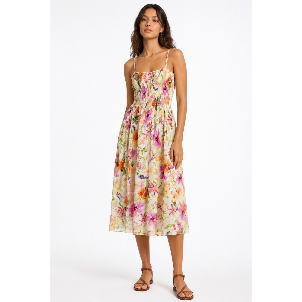 H&M Floral Smocked Bodice MIdi Dress XXS Spaghetti Strap Pink Orange